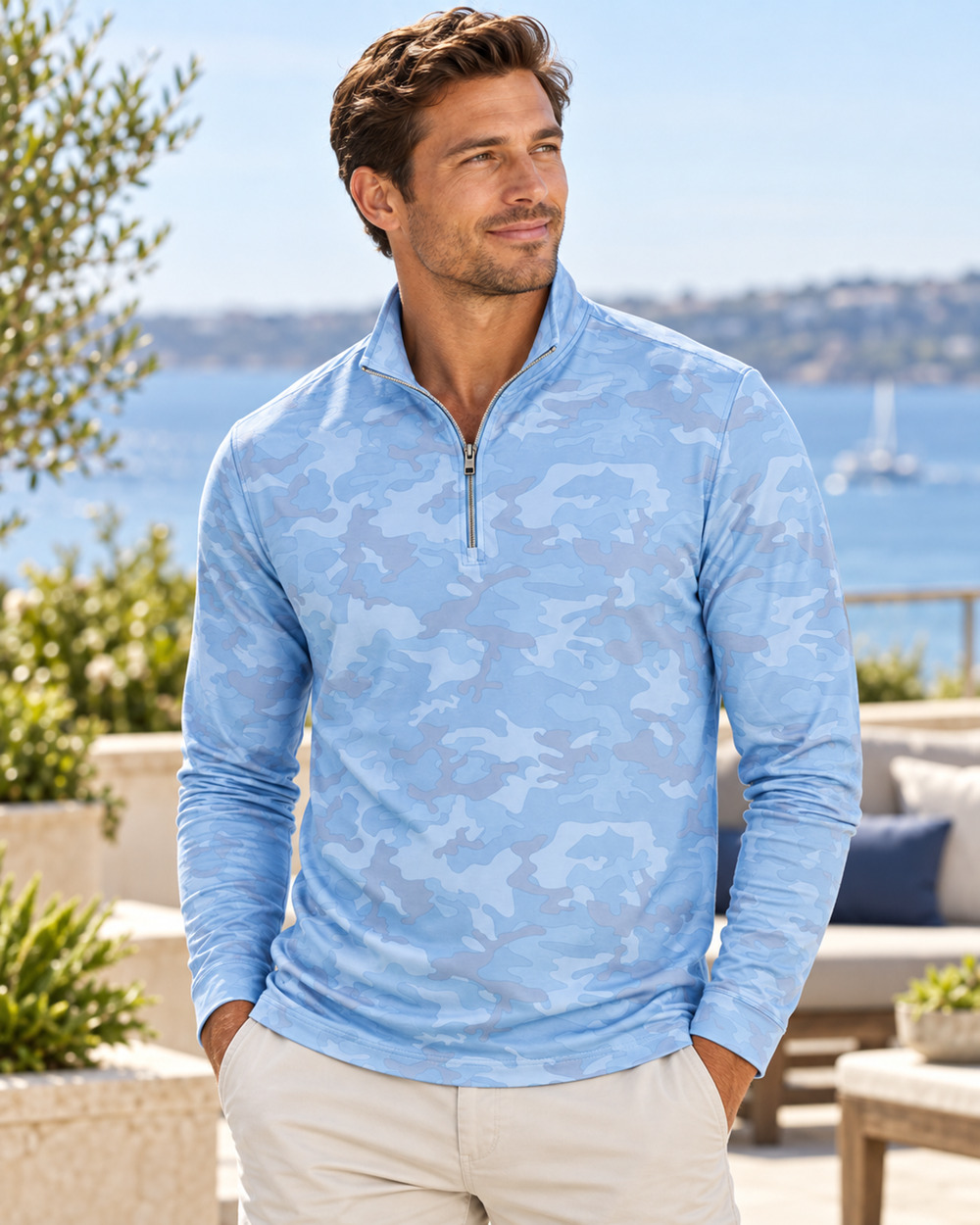 Johnnie-O Titan Blue Camo 1/4 Zip Lake Size Small Coastal Vacation